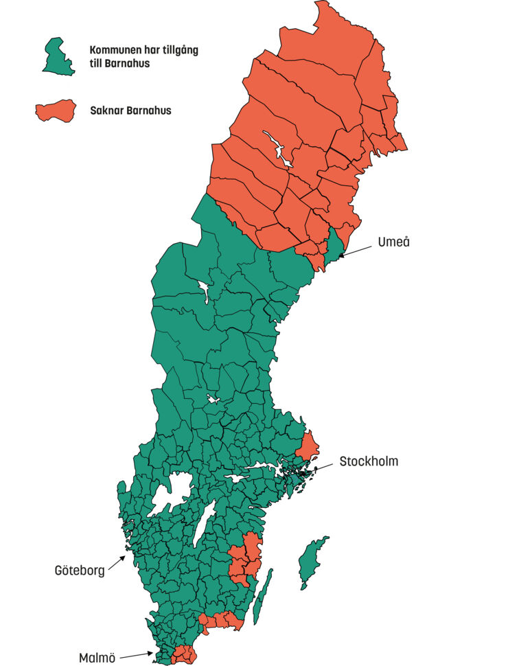 Karta som visar vilka kommuner som har Barnahus