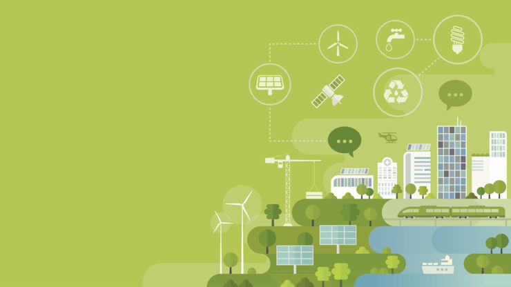 Grön och blå illustration som visar energisparande, hållbara resurser, storstad, miljöbevarande, hållbar energi.