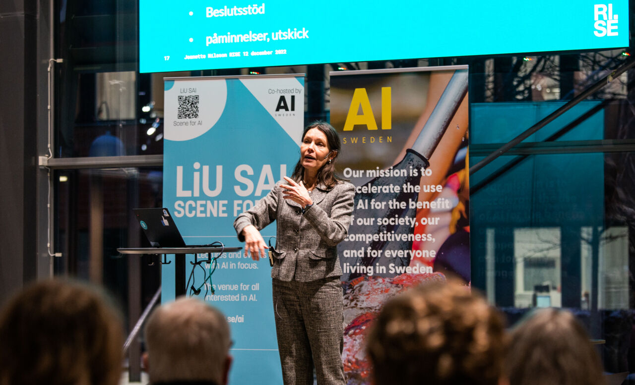 Jeanette Nilsson, RISE, speaks at the Scene for AI