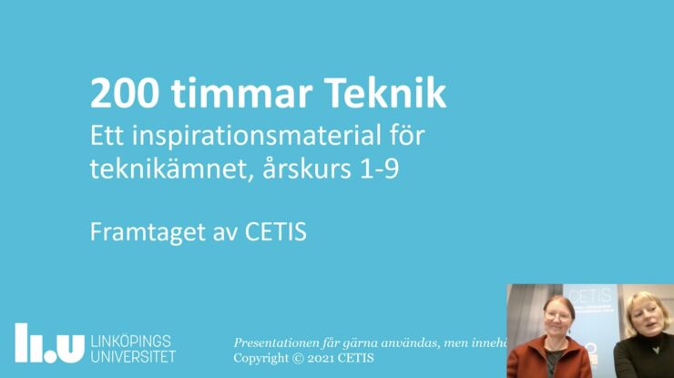 Blått omslag med texten 200 timmar teknik ett inspirationsmaterial för teknikämnet för årskurs 7-9. 