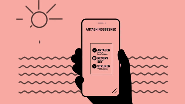 Illustration av hand som håller mobiltelefon vid strand