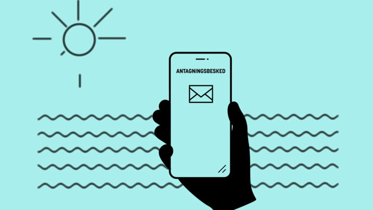 Illustration av hand som håller mobiltelefon vid strand