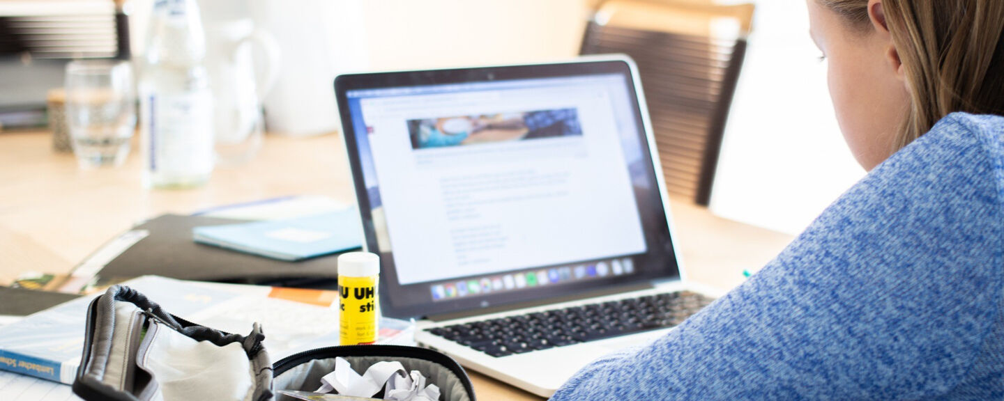 A girl looking at a computer.