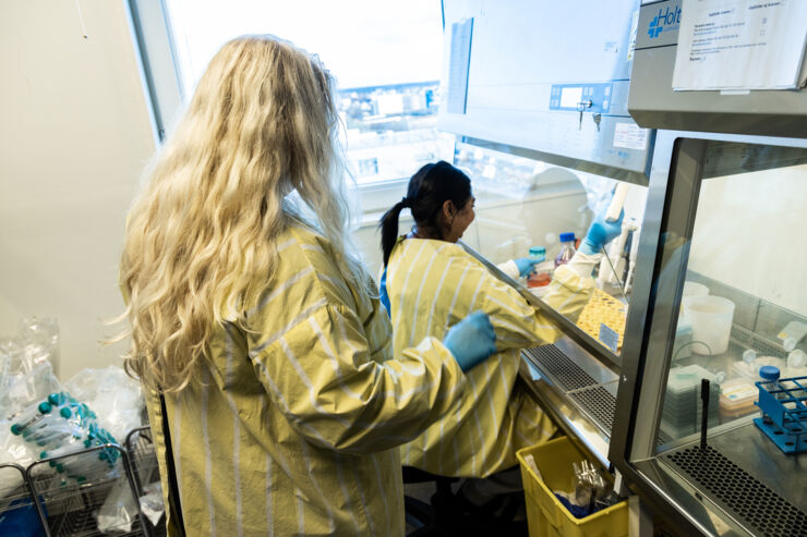 Two female researchers in a cell culture lab.
