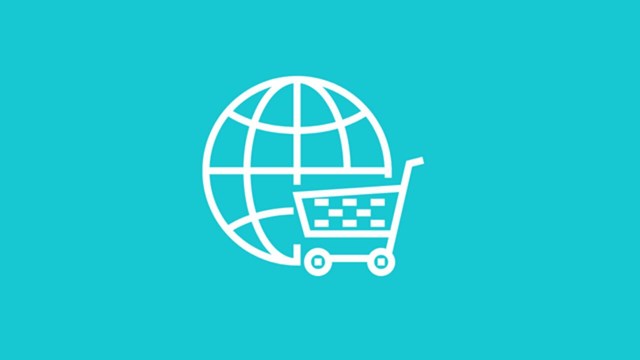 Illustration of a shopping cart and the globe. 
