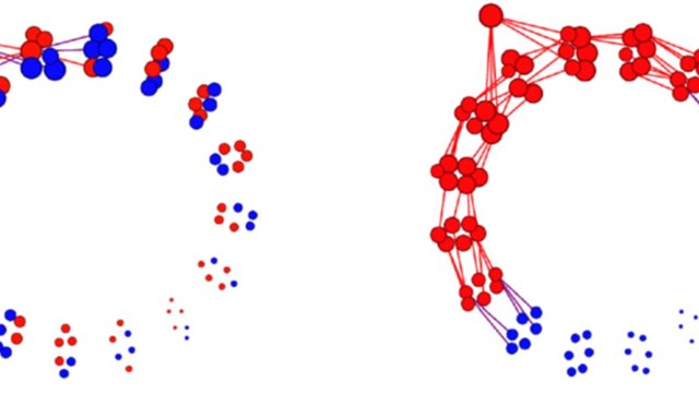 Diffusion of a false conservative-leaning message in an integrated (left) or segregated (right) experimental network.