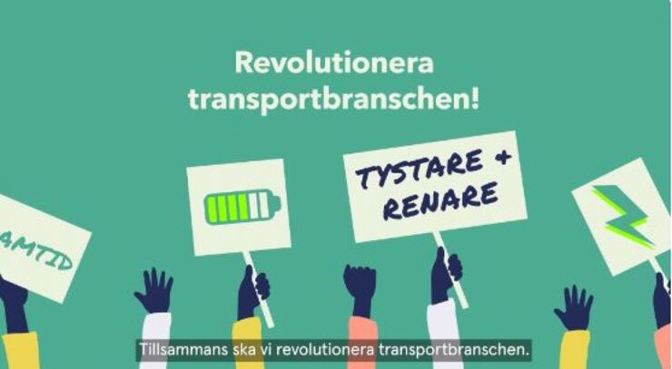 Illustration på händer som håller skyltar med text om tystare och renare transporter.