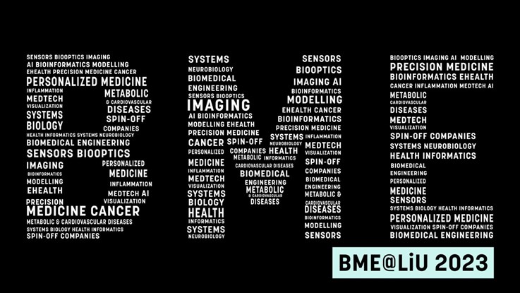 Graphics, the words BME made out of other words, white text och black background.