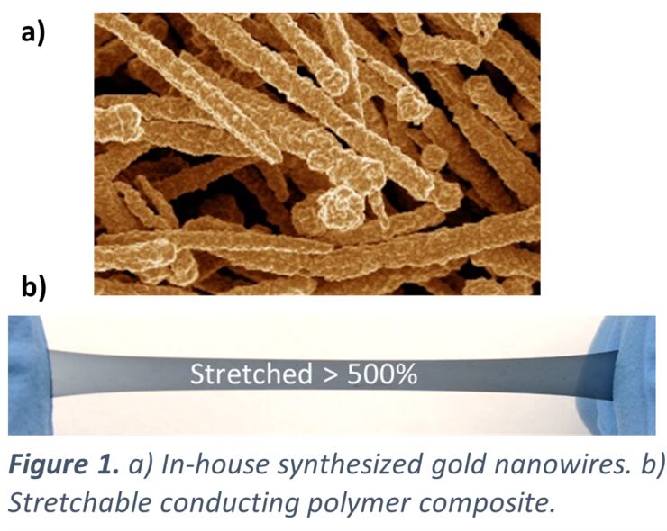 ure 1. a) In-house synthesized gold nanowires. b) Stretchable conducting polymer composite.