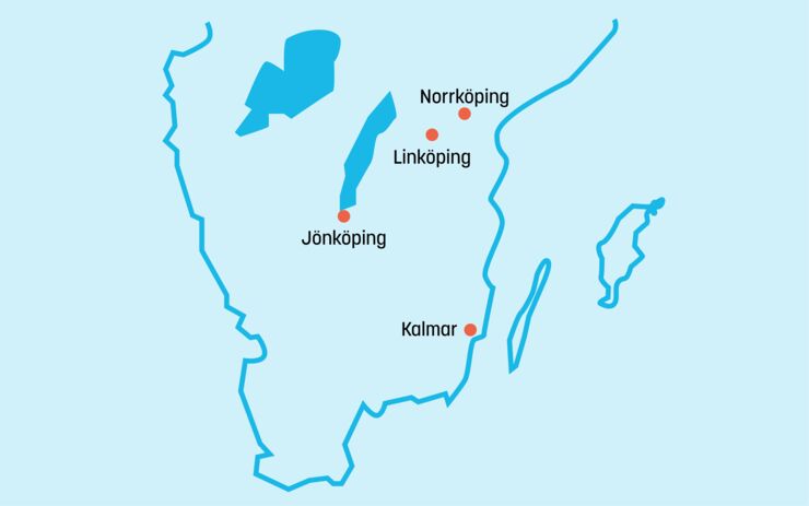 Karta över huvudstudieorterna Linköping, Norrköping, Jönköping och Kalmer