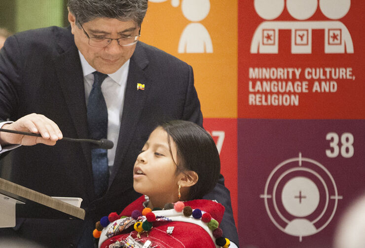 Amaya Pilla Masaquiza from Ecuador speaking in her indigenous language Kichwa at a United Nations meeting.