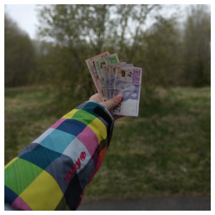 Person holding money with forest in the background.