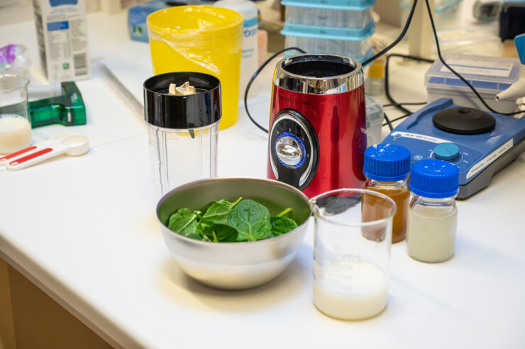Blender, spinach leaves and laboratory equipment. 