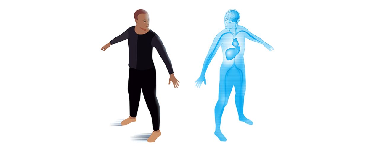 Illustration of a person holding arms out, and a reflection of the illustration showing inner organs.