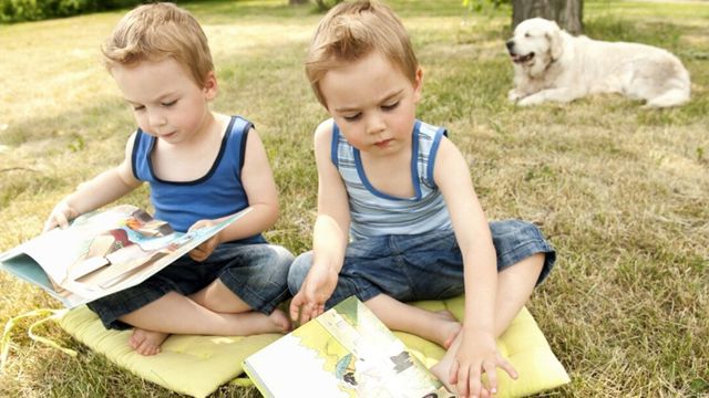 Tvillingpojkar som sitter på en filt i en trädgård och läser böcker.