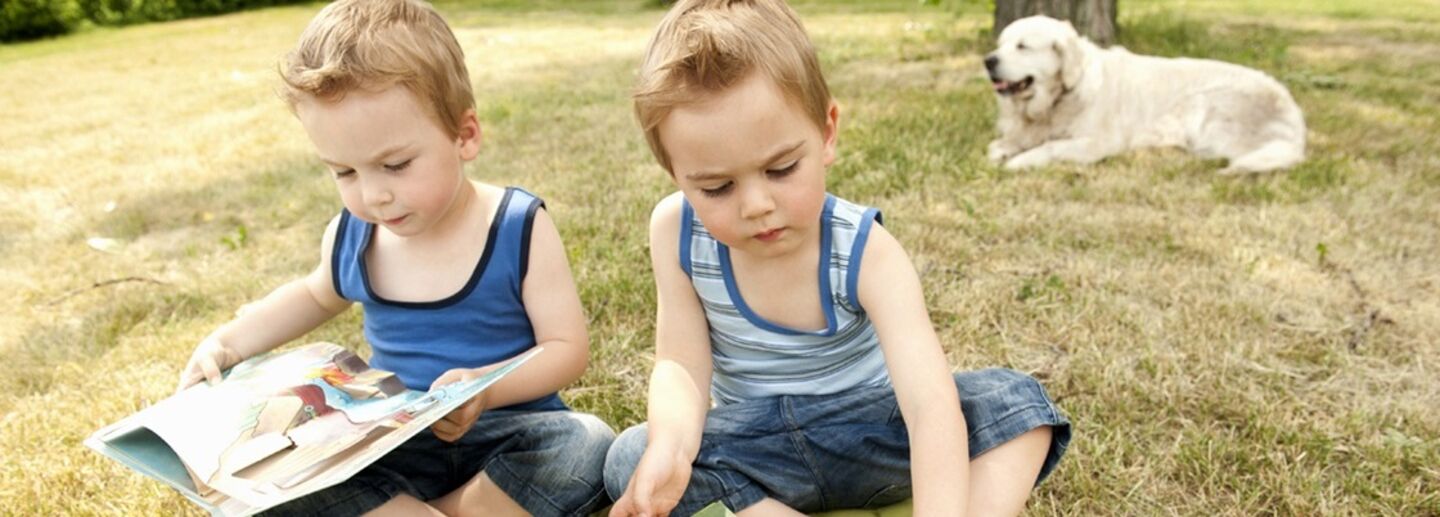 Twinboys sitting on a blanket reading books.