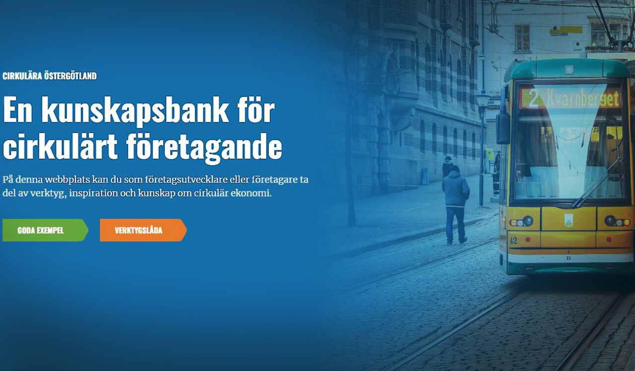 Bild på startsida för Cirkulära Östergötland, bild på en spårvagn från Norrköping.