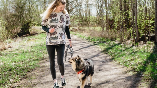 Young woman walks dog outdoors