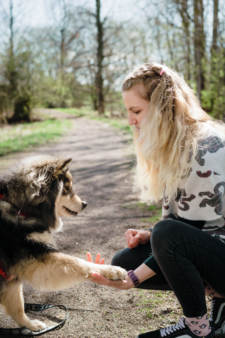 Dog and young woman outdoors
