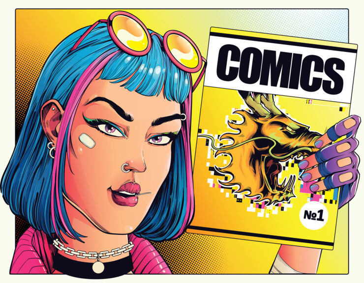 A cartoon image of a woman holding a comic book in her hand.