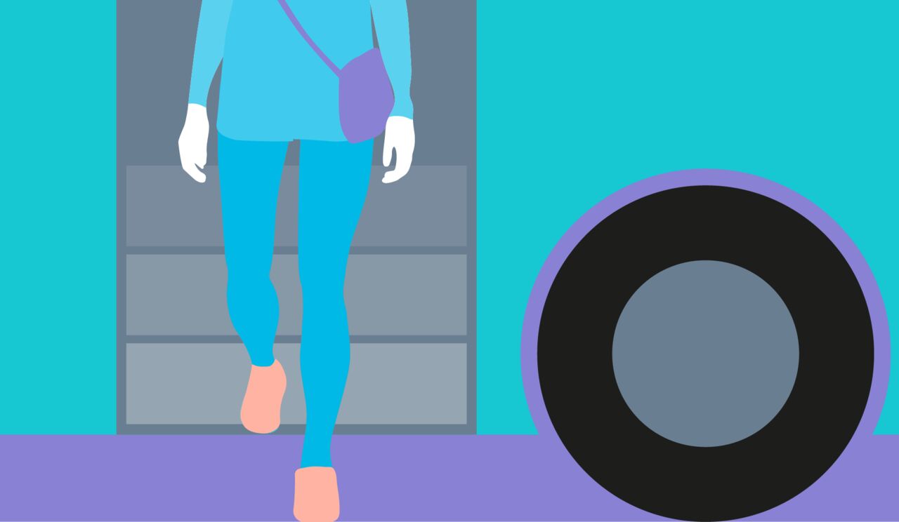 Illustration resenär kliver ut ur buss