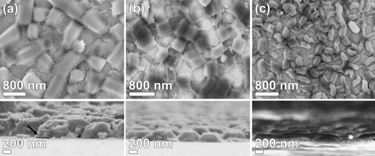 Figure 1. SEM micrographs of top view and cross sections of mesoporous silica films with different particle sizes due to altered NH4F concentrations during the material synthesis. [1]