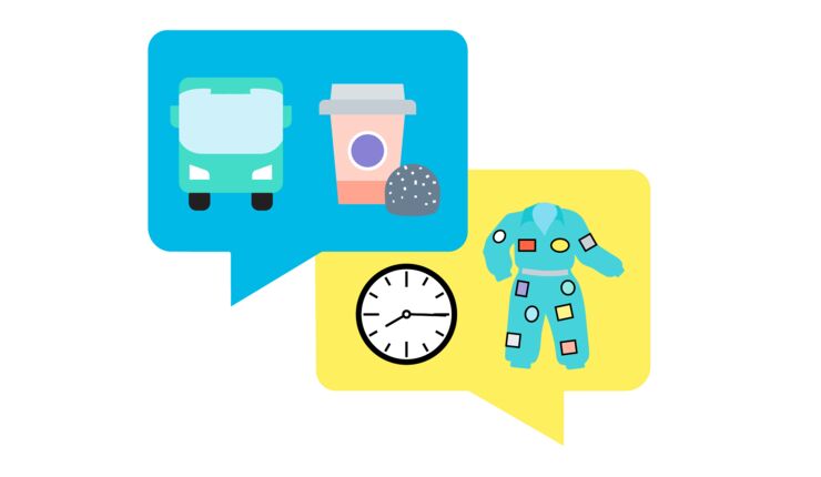 Illustration med pratbubblor som rymmer en buss, en kaffemugg, en chokladboll, en klocka och en overall med märken på