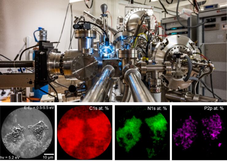 Our advanced Photoemission Electron Microscopy (PEEM) and imaging X-ray Photoelectron Spectroscopy (imaging XPS) UHV system for analysis of bio-systems and nanomaterials.  Recent PEEM and imaging XPS results of human neutrophil granulocytes are presented. (a) PEEM image of two cells on a silicon oxide surface. (b, c, and d) imaging XPS with element specific analysis. The atomic percent distribution presented in color,  where  carbon (red), nitrogen (green) and phosphorus (purple). 