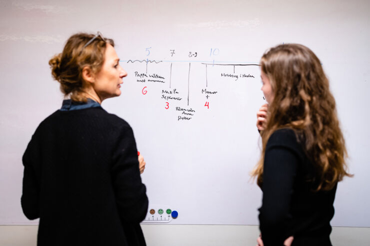 Two women having a discussion in front of a whiteboard.