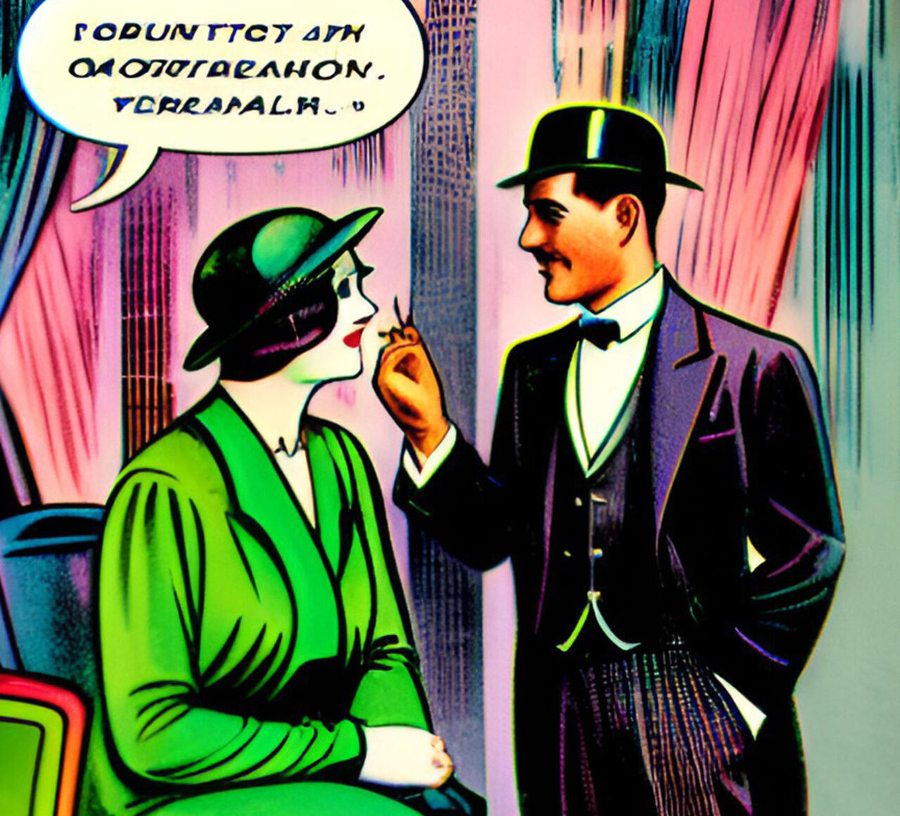 Seriestrip: En man och kvinna i artonhundralskläder som pratar med varandra.