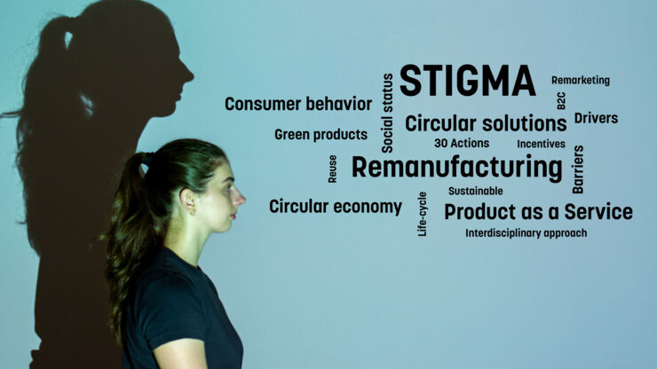 En kvinna tittar på några nyckelord som förknippas med återtillverkning. Orden är på engelska: remanufacturing, reuse, remarketing, circular economy, circular solutiosn product as a service, sustainable, consumer behavior.