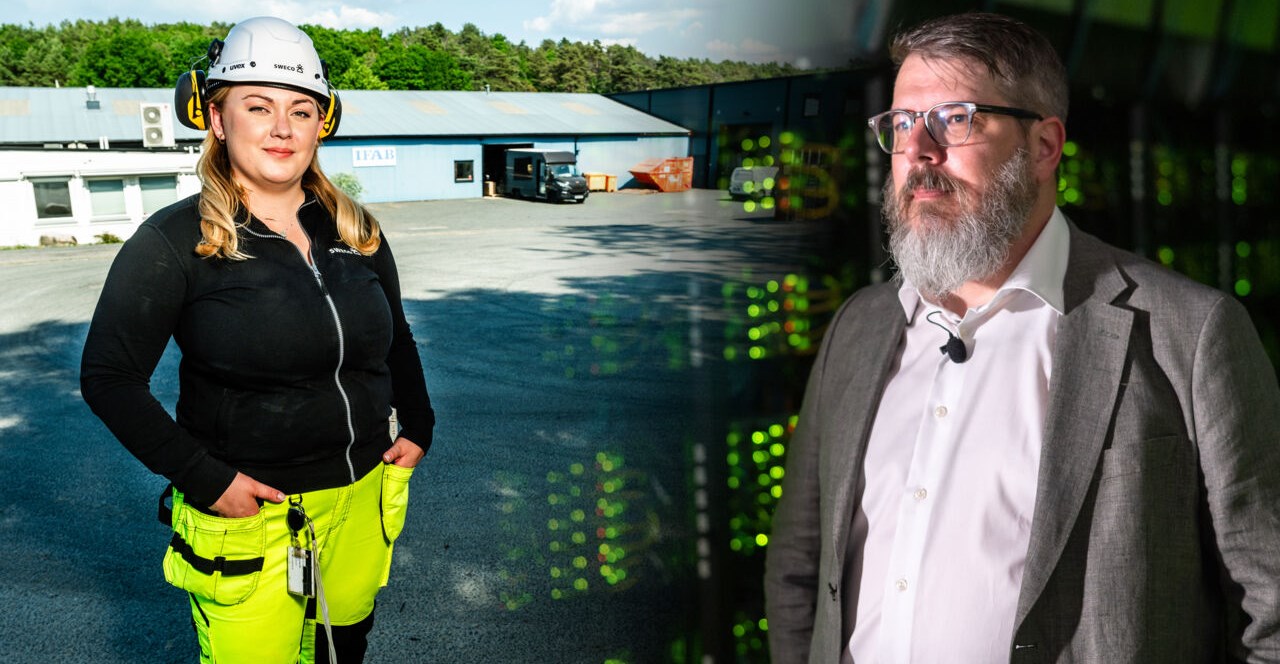 Photo montage: Woman in construction site, man in front of supercomputer