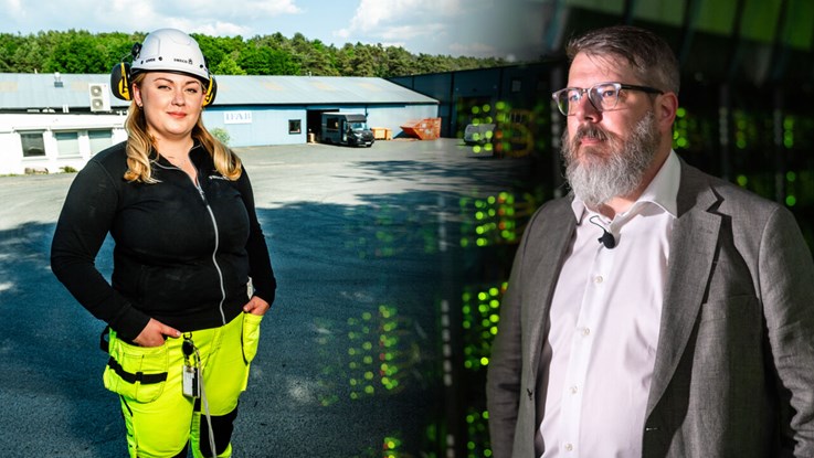 Photo montage: Woman in construction site, man in front of supercomputer