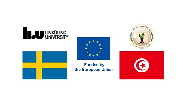 Svenska flaggan, EU-flaggan, LiU-loggan, Loggan för naturvetenskapliga fakulteten i Sfax, Tunisien mfl.
