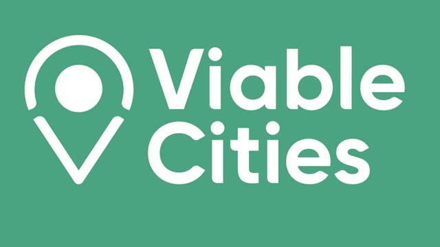 Logga med vit text och grön bakgrund med texten Viable Cities