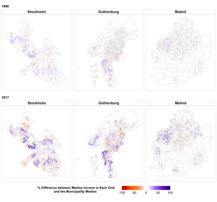 Karta som visar inkomstskillnader mellan stadsdelar i de tre storstäderna 2017 och 2019.