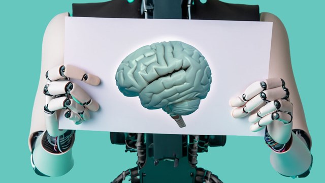Robot shows a paper with an image of a brain