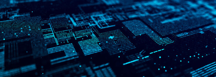 Graphic image illustrating computer technology and digital data flows