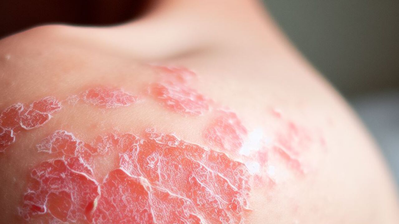 En bild på en axel som har psoriasis utslag.