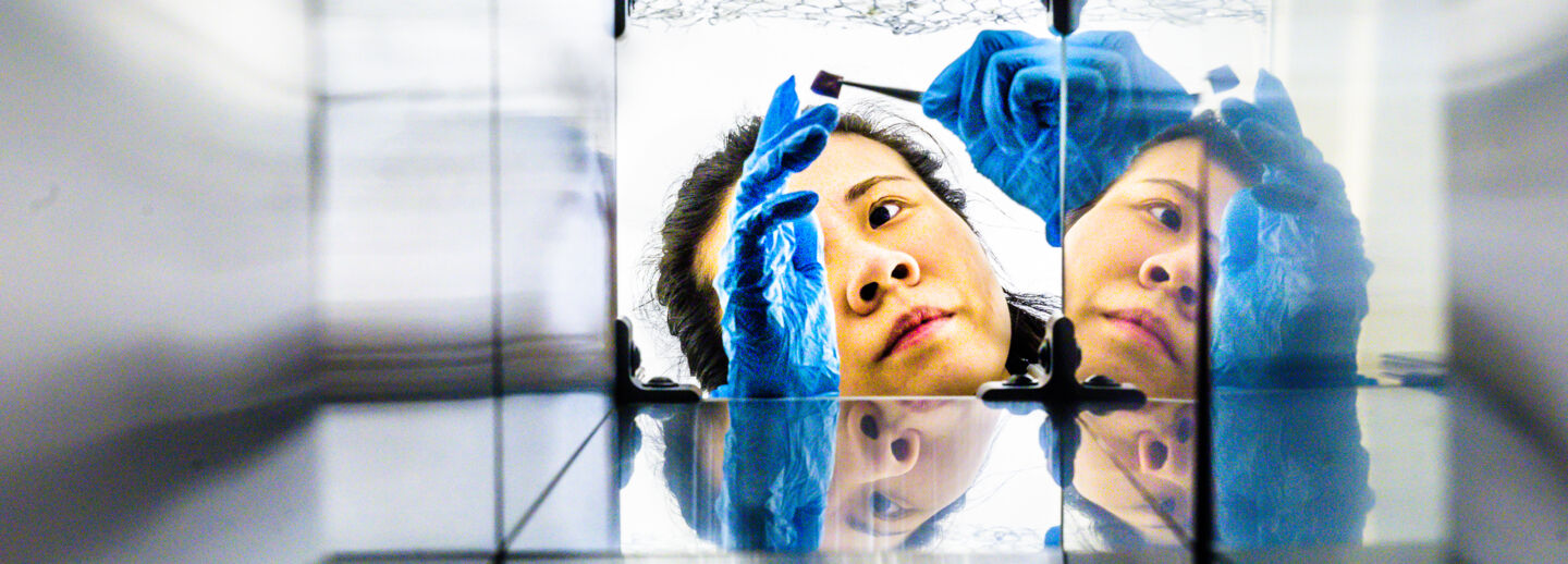 Researcher photographed through an aluminum tube.