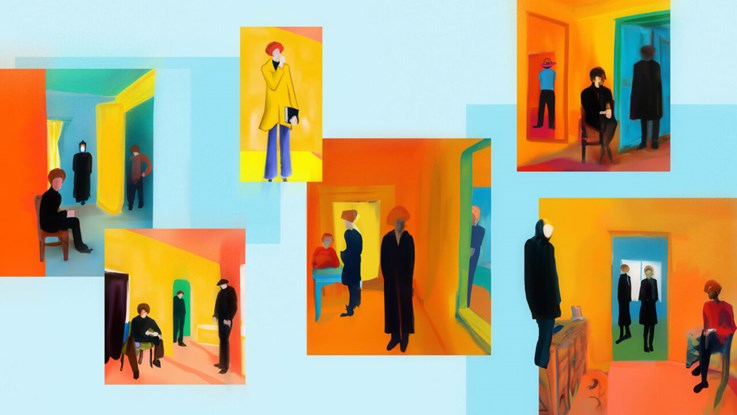Abstract illustration av människor i olika rum, illustrerat i olika oranga fyrkanter över ljusblåbakgrund.