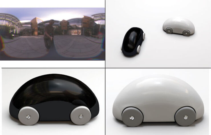 A collage of several images where one is a spherical panorama of an outdoor environment and the others picture a black and a whit toy car in different lighting