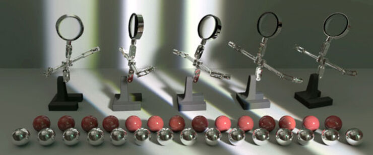 A figure and several red and silver colored spheres in different lighting