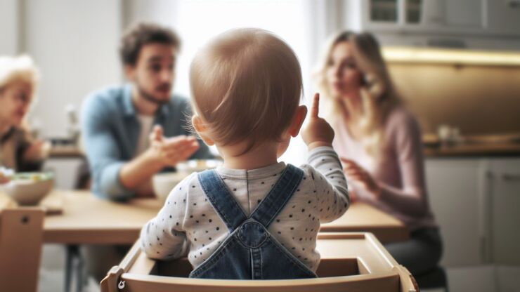 Ett barn som pekar för att kommunicera med sin familj vid köksbordet.