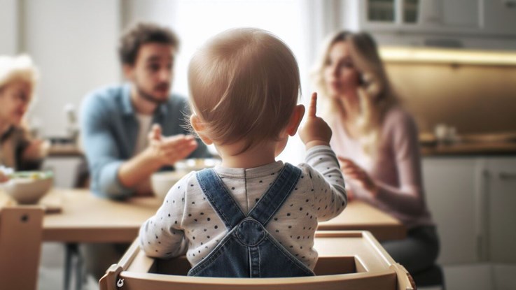 A child pointing to communicate with his family at the kitchen table.
