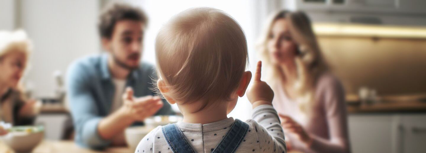 A child pointing to communicate with his family at the kitchen table.