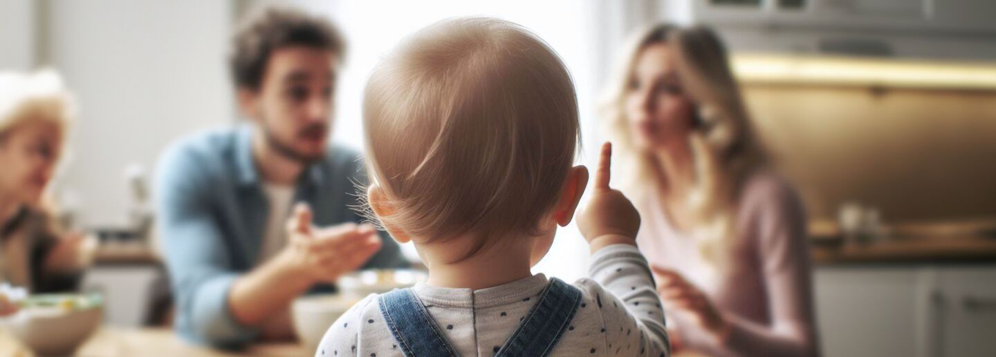 Ett barn som pekar för att kommunicera med sin familj vid köksbordet.