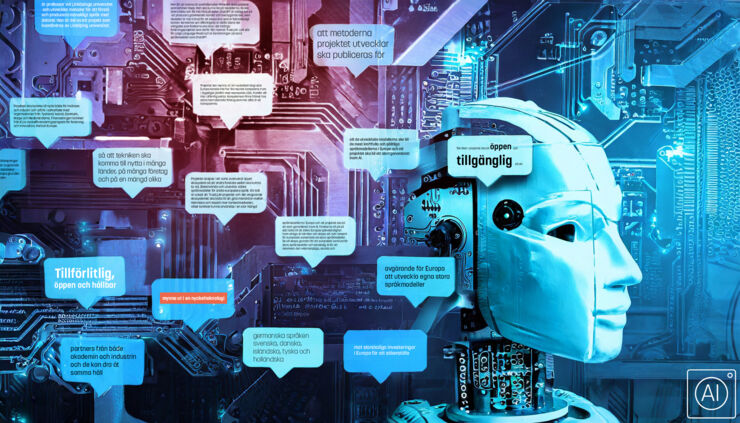 Abstrakt AI-genererad bild med textrutor över elektronik och ansiktet av en robot