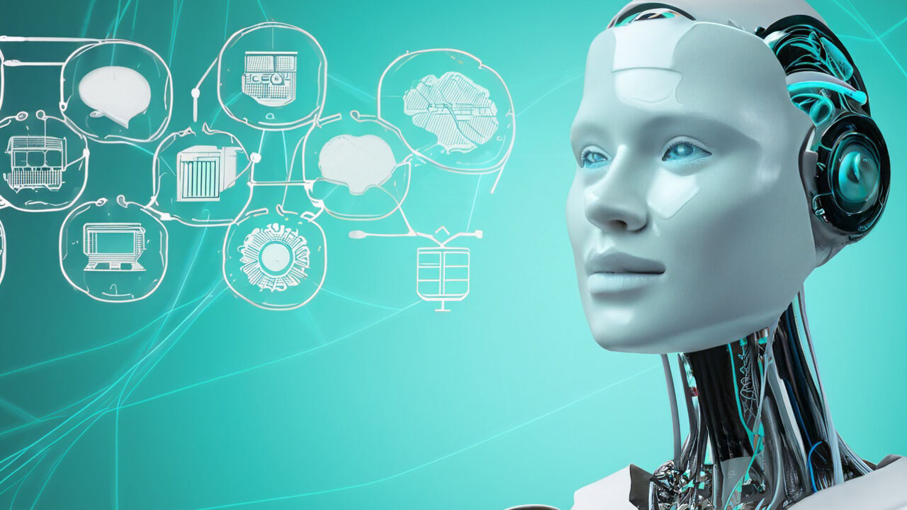 AI-genererad bild på robot med abstrakta symboler som ska symbolisera lärande