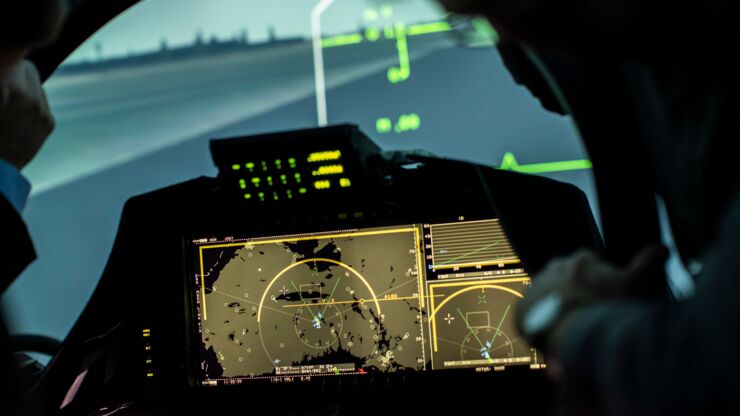 The cockpit of a Gripen E flight simulator